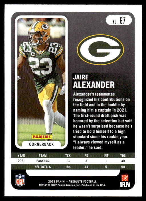 Jaire Alexander 2022 Panini Absolute Football Base Back of Card