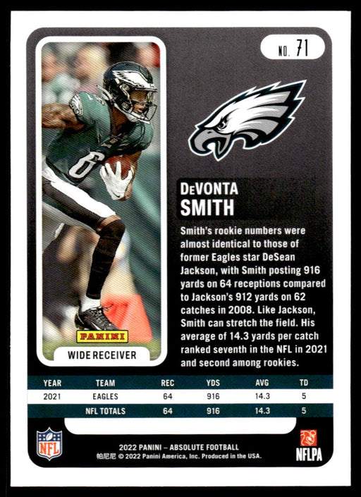 DeVonta Smith 2022 Panini Absolute Football Base Back of Card