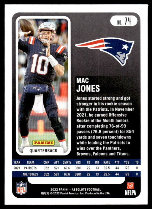 Mac Jones 2022 Panini Absolute Football Base Back of Card