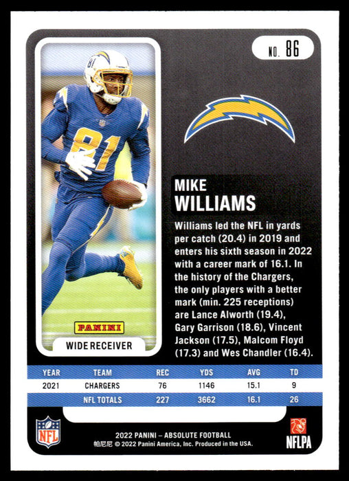 Mike Williams 2022 Panini Absolute Football Base Back of Card