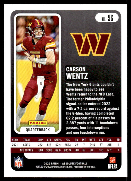 Carson Wentz 2022 Panini Absolute Football Base Back of Card