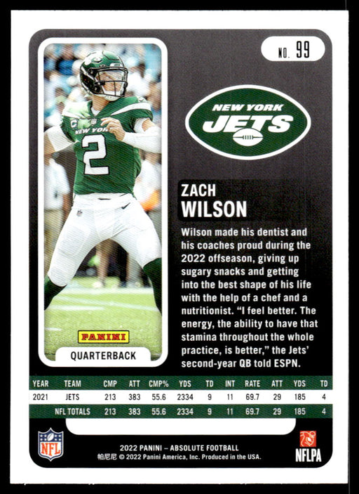 Zach Wilson 2022 Panini Absolute Football Base Back of Card