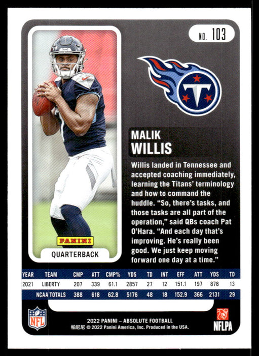 Malik Willis 2022 Panini Absolute Football Base Back of Card