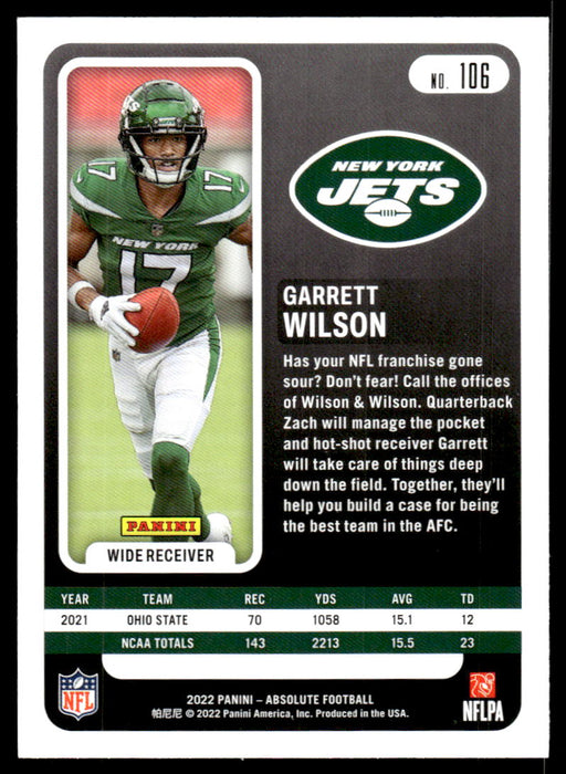 Garrett Wilson 2022 Panini Absolute Football Base Back of Card