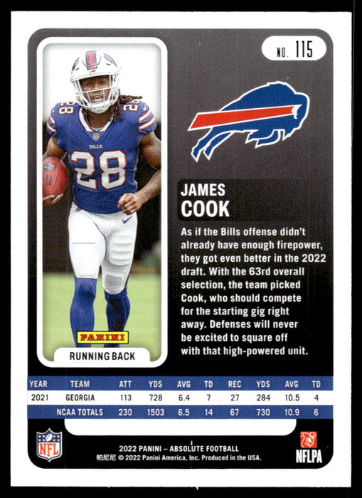 James Cook 2022 Panini Absolute Football Base Back of Card