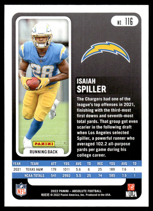 Isaiah Spiller 2022 Panini Absolute Football Base Back of Card