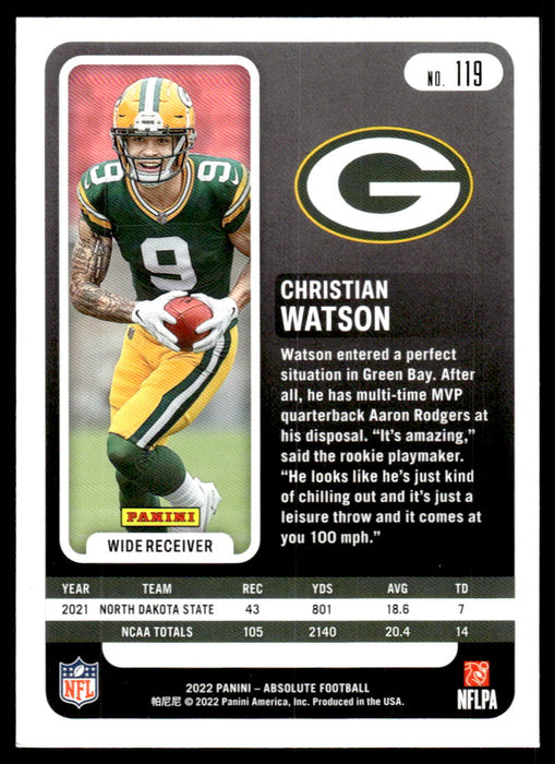 Christian Watson 2022 Panini Absolute Football Base Back of Card