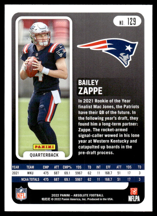 Bailey Zappe 2022 Panini Absolute Football Base Back of Card