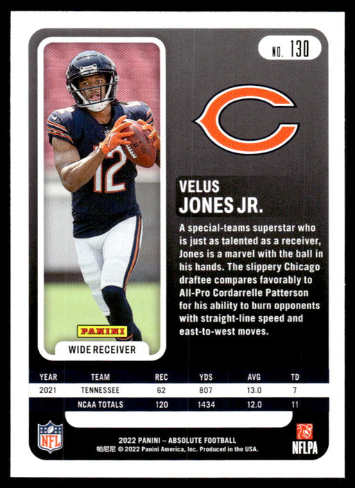 Velus Jones Jr. 2022 Panini Absolute Football Base Back of Card