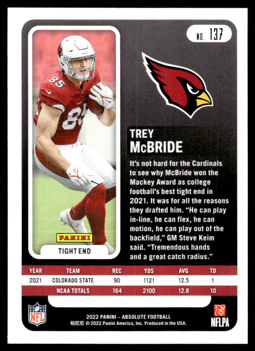 Trey McBride 2022 Panini Absolute Football Base Back of Card