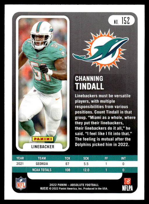 Channing Tindall 2022 Panini Absolute Football # 152 RC Base Miami Dol —  Collectible Craze America