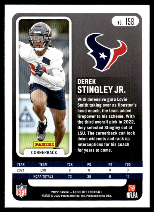 Derek Stingley Jr. 2022 Panini Absolute Football Base Back of Card