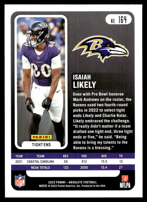 Isaiah Likely 2022 Panini Absolute Football Base Back of Card