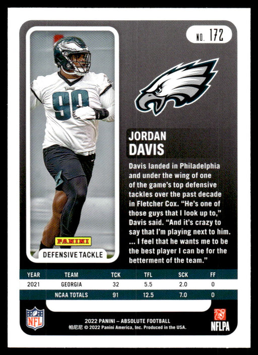 Jordan Davis 2022 Panini Absolute Football Base Back of Card