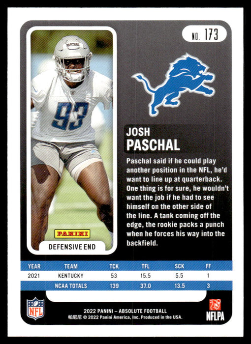 Josh Paschal 2022 Panini Absolute Football Base Back of Card