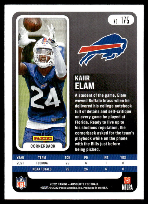 Kaiir Elam 2022 Panini Absolute Football Base Back of Card