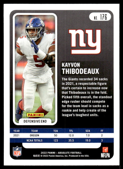 Kayvon Thibodeaux 2022 Panini Absolute Football Base Back of Card