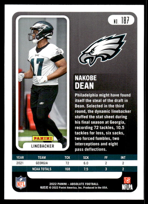 Nakobe Dean 2022 Panini Absolute Football Base Back of Card