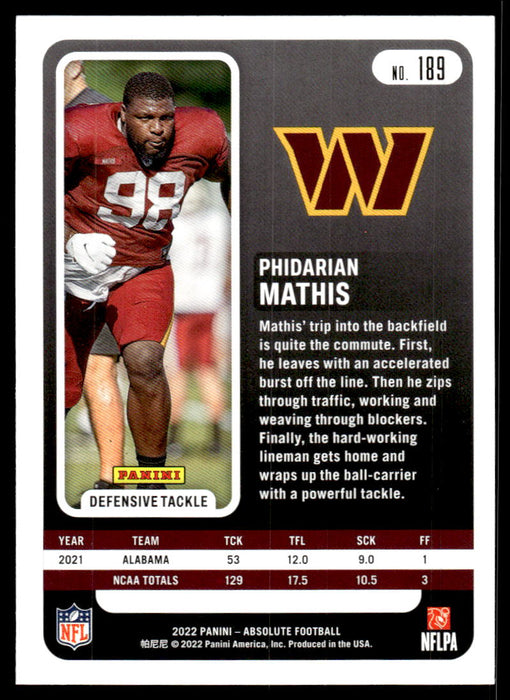 Phidarian Mathis 2022 Panini Absolute Football Base Back of Card