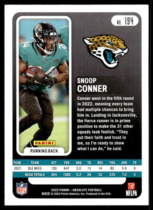 Snoop Conner 2022 Panini Absolute Football Base Back of Card