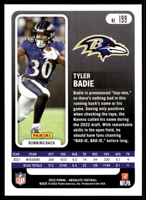 Tyler Badie 2022 Panini Absolute Football Base Back of Card