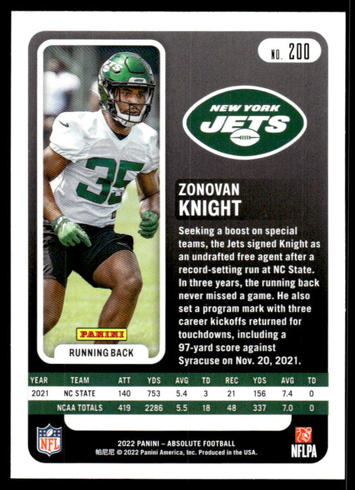 Zonovan Knight 2022 Panini Absolute Football Base Back of Card