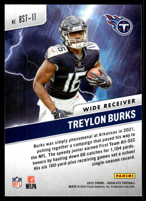 Treylon Burks 2022 Panini Absolute Football By Storm Back of Card