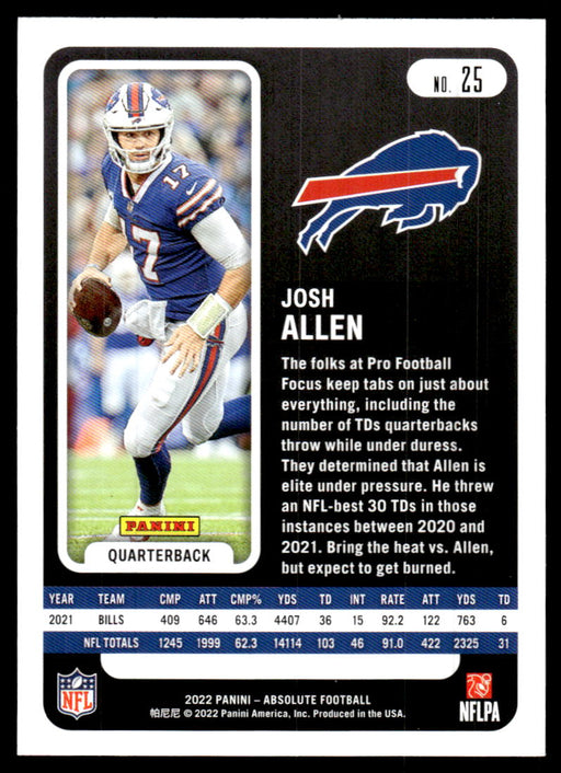 Josh Allen 2022 Panini Absolute Football Green Back of Card