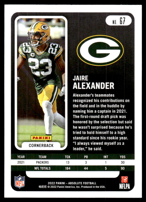 Jaire Alexander 2022 Panini Absolute Football Green Back of Card