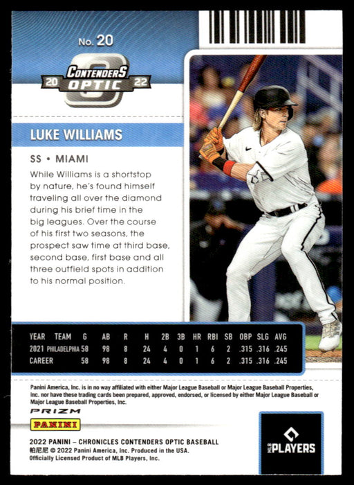 Luke Williams 2022 Panini Chronicles Baseball Contenders Optic Hyper Prizm Back of Card