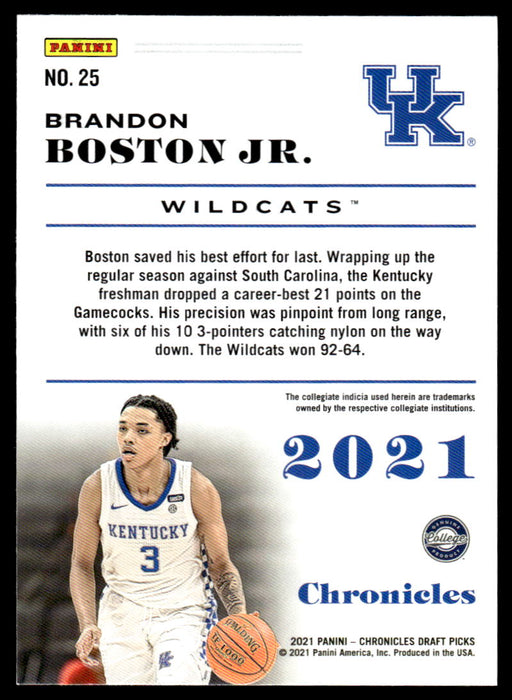 Brandon Boston Jr. 2021 Panini Chronicles Draft Picks Pink Chronicles Back of Card