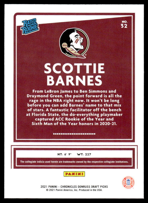 Scottie Barnes 2021 Panini Chronicles Draft Picks Pink Rated Rookie Back of Card