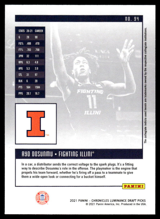 Ayo Dosunmu 2021 Panini Chronicles Draft Picks Pink Luminance Back of Card