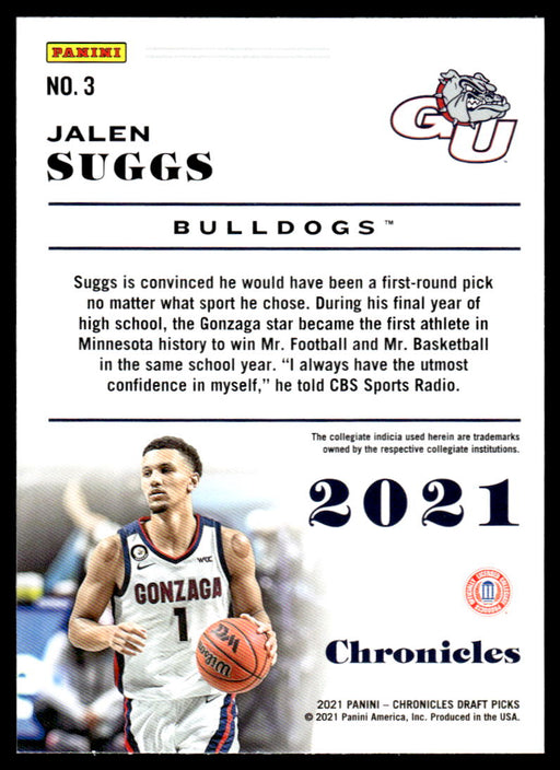 Jalen Suggs 2021 Panini Chronicles Draft Picks Chronicles Back of Card