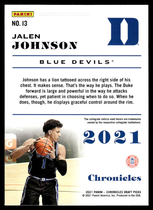 Jalen Johnson 2021 Panini Chronicles Draft Picks Chronicles Back of Card