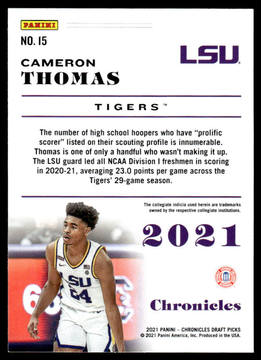 Cameron Thomas 2021 Panini Chronicles Draft Picks Chronicles Back of Card