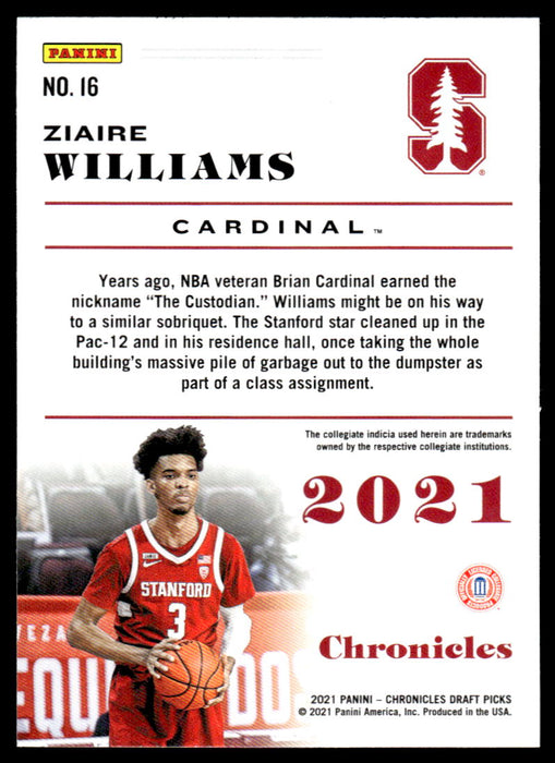 Ziaire Williams 2021 Panini Chronicles Draft Picks Chronicles Back of Card