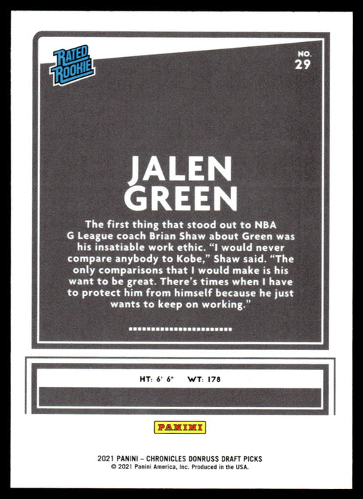 Jalen Green 2021 Panini Chronicles Draft Picks Rated Rookie Back of Card