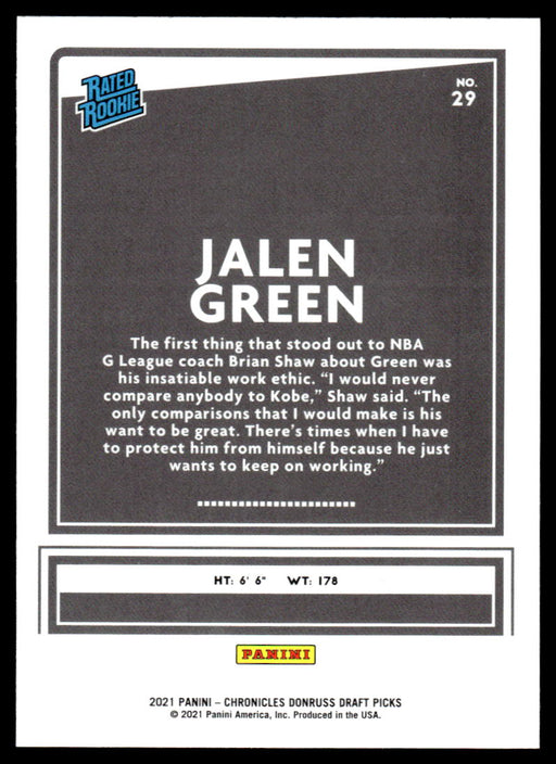 Jalen Green 2021 Panini Chronicles Draft Picks Rated Rookie Back of Card