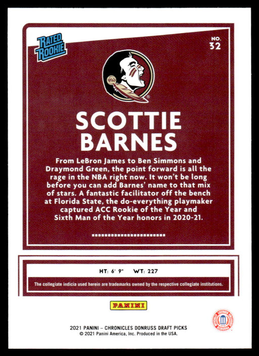 Scottie Barnes 2021 Panini Chronicles Draft Picks Rated Rookie Back of Card