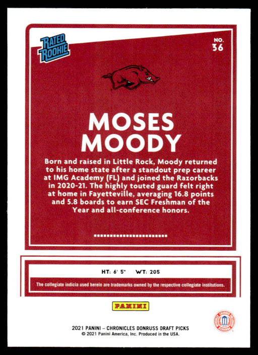 Moses Moody 2021 Panini Chronicles Draft Picks Rated Rookie Back of Card