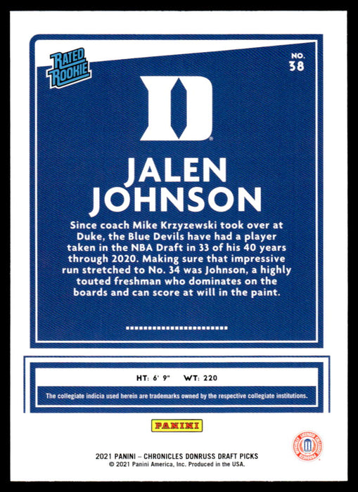 Jalen Johnson 2021 Panini Chronicles Draft Picks Rated Rookie Back of Card