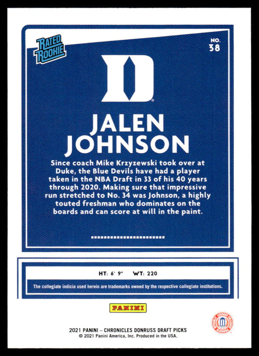 Jalen Johnson 2021 Panini Chronicles Draft Picks Rated Rookie Back of Card