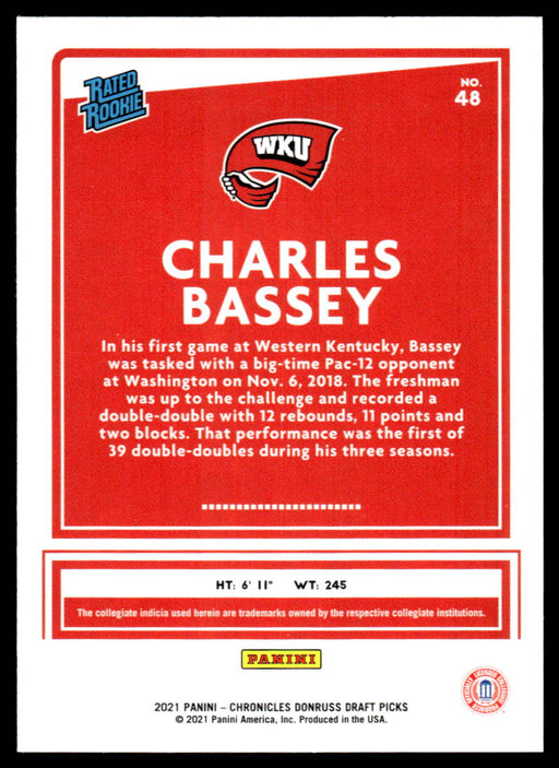 Charles Bassey 2021 Panini Chronicles Draft Picks Rated Rookie Back of Card