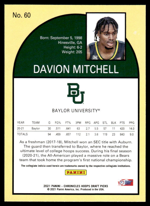 Davion Mitchell 2021 Panini Chronicles Draft Picks Hoops Retro Back of Card