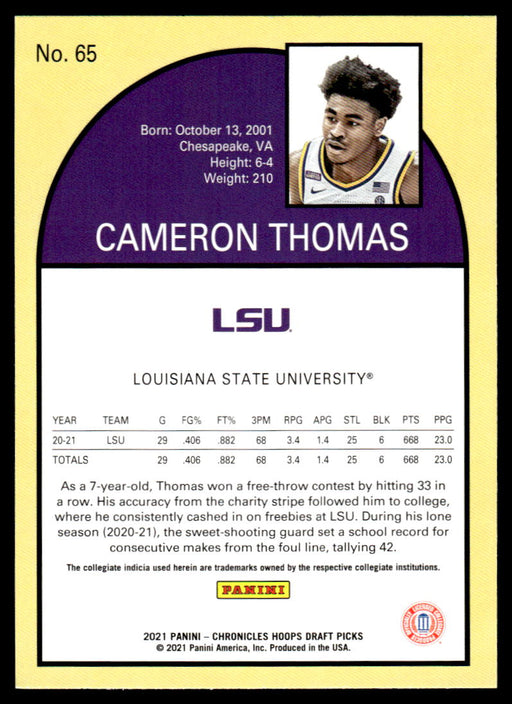 Cameron Thomas 2021 Panini Chronicles Draft Picks Hoops Retro Back of Card