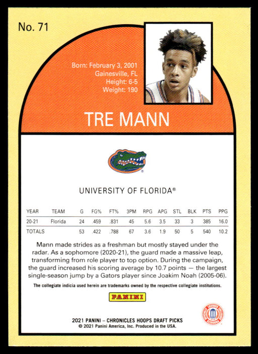 Tre Mann 2021 Panini Chronicles Draft Picks Hoops Retro Back of Card