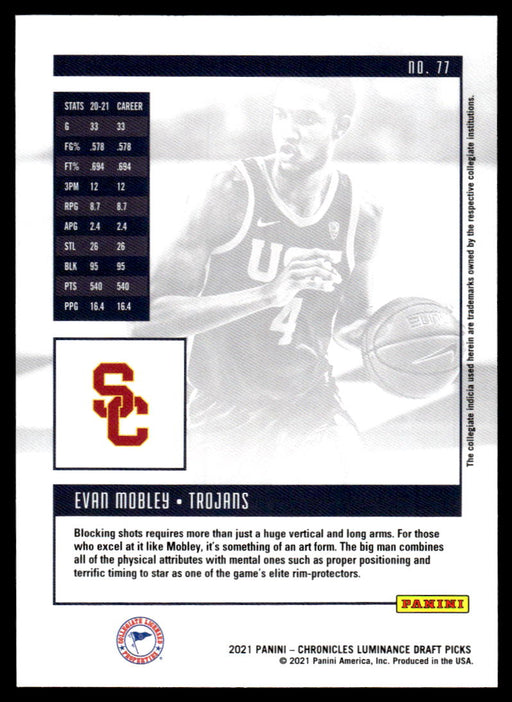 Evan Mobley 2021 Panini Chronicles Draft Picks Luminance Back of Card