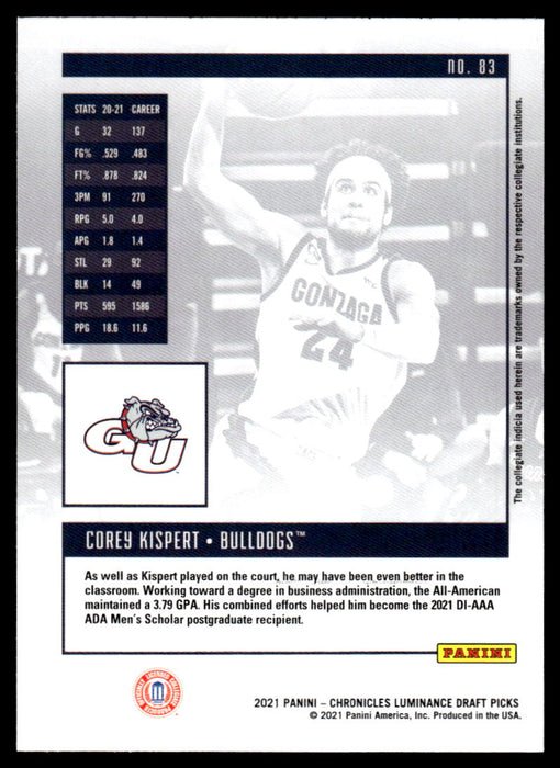 Corey Kispert 2021 Panini Chronicles Draft Picks Luminance Back of Card