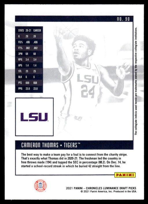 Cameron Thomas 2021 Panini Chronicles Draft Picks Luminance Back of Card